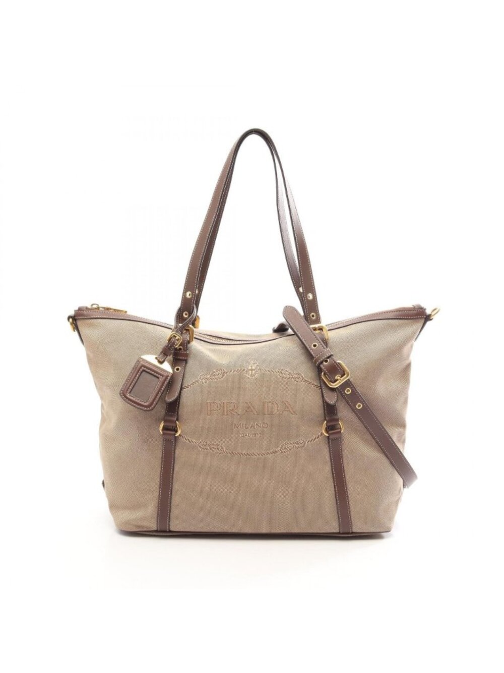 Prada Tote Bag Logo Jacquard 2-Way Beige Brown Canvas Leather